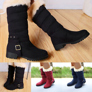 Women's Fashion Warm Suede Snow Boots Thick Heel Belt Buckle Mid-Tube Boots