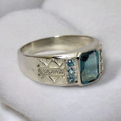 Piedras preciosas de aguamarina talla esmeralda con anillo de plata de ley 925 para hombre #679 Foto 1 de 4