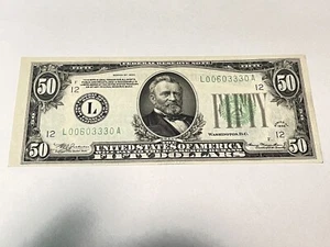 1934 $50.00 FRN UNCIRCULATED CHRISP SAN FRAN NOTE BLUE GREEN SEAL AND SERIALS - Picture 1 of 2