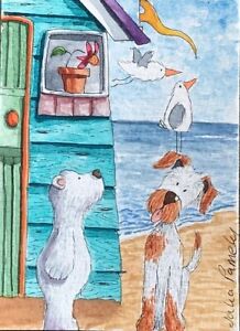ACEO Original Watercolour Painting Seaside, Beach Hut, Dog, Bear, Flower