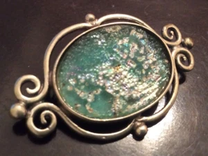 925 sterling silver antique Roman glass Israel green Bruria Tamir pin brooch - Picture 1 of 7