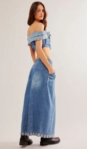 Free People Kora Set Denim Off The Shoulder Top Skirt Embroider Trim Blue 14 NWT - Picture 1 of 9