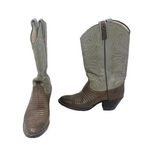 VTG Dan Post Mens Brown Green Teju Lizard Cowboy Boots Size 8.5 - Picture 1 of 24
