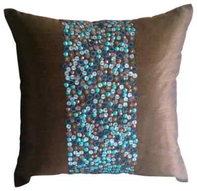 Decorative Sofa Cushion Case Brown 16"x16", Home Decor Silk - Cocoa & Turq - Image 1 of 3