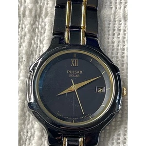 Pulsar Womens Watch Solar Date Black Gold Stainless Steel Water Resistant Quartz - Picture 1 of 4