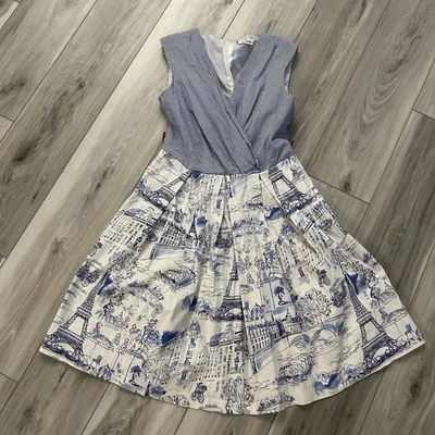 Chetta B Womens Dress Size 10 Blue Sleeveless Fit Flare Paris Landmark Print - Image 1 of 4