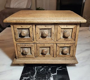 VINTAGE HEAVY DARK WOOD TABLE TOP RUSTIC CHEST OF DRAWERS-TRINKETS, SPICES - Picture 1 of 10