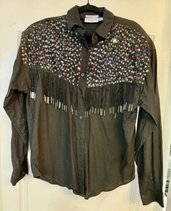 Vintage 1992 Khazana Black Western Shirt Sequin Beaded Fringe L Shoulder Pads - Bild 1 von 15
