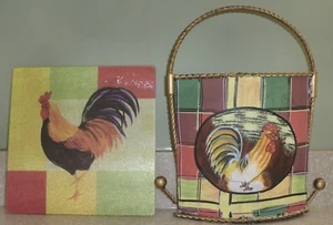 Rooster Cooking Concepts Square Glass Trivet and Metal Basket EUC - Picture 1 of 5