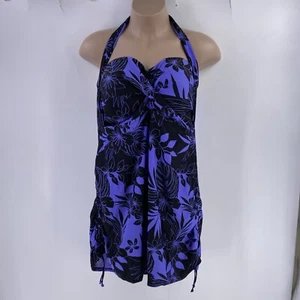 Swimsuits For All Woman 1 PC Swim Dress Brief Size 26 Halter Tankini Blue Floral - Picture 1 of 12