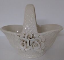 CERAMIC BASKET with Applied Ceramic Flowers 7"H x 8.5"L Antique
