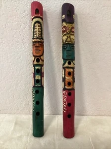 Set di 2 flauti souvenir dipinti a mano in legno da Roatan 12"" - spedizione veloce - Foto 1 di 8