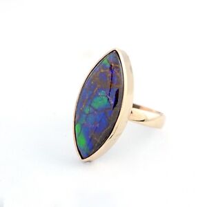 Blue Ammolite Gemstone Marquise Shape Ring Rose Gold Plated 925 Silver Jewelry