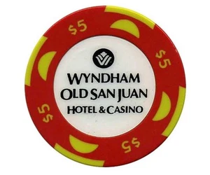 $5 WYNDHAM Casino ROJO AMARILLO Chip ANTIGUO PUERTO DE SAN JUAN Puerto Rico WYN Bud Jones - Imagen 1 de 2
