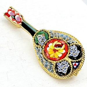 Estate Mandolin Guitar Micromosaic Brooch Pin Gold Tone Flower Mini Tiles VGC - Picture 1 of 10