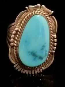 Size10.5 Navajo Signed Castle Dome Turquoise Sterling Ring Bennie Ration - Picture 1 of 11