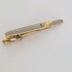 YSL Yves Saint Laurent Krawattennadel Clip Verschluss Gold Silberfarben 2 Zoll Logo Vintage - Bild 1 von 7