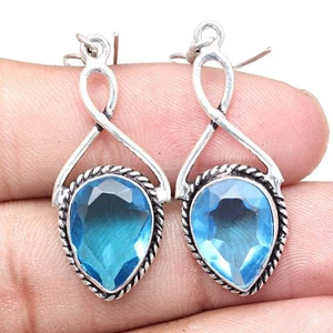 Swiss Blue Quartz Gemstone Gift For Her Silver Jewelry Earrings 1.5'' - Picture 1 of 7