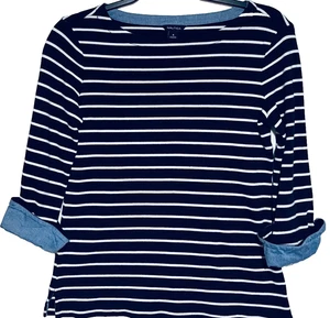 NAUTICA Women’s Navy Boat Neck Top With Oxford Cuff Sleeves, Medium - Picture 1 of 3