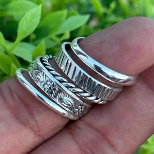 925 Sterling Silver Stacking Rings Set: Handmade Textured Floral Bands  All Size - Picture 1 of 12