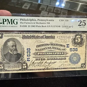 Farmers & Mechanics National Bank Of Philadelphia PMG VF25 FR598 $5 - Picture 1 of 7