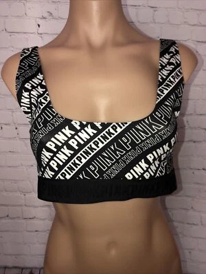 Nuevo con etiquetas Sujetador deportivo Victoria's Secret PINK ULTIMATE negro blanco con logotipo soporte ligero L Foto 1 de 4