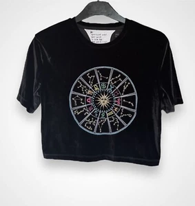 Topshop Tee & Cake Black Velvet Feel Star Signs Cropped Boxy T-Shirt Top Small - Picture 1 of 4