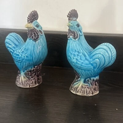 Antigua figura china azul turquesa berenjena púrpura esmaltada gallo pollo Foto 1 de 4