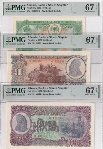 Albania SET 3 , 100 500 1000 Leke 1957 P 30 31 32 Superb Gem UNC PMG 67 EPQ Cover