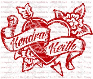 Custom Tattoo Heart & Flowers Vinyl Decal - YOUR NAMES Tattoo Scroll Sticker Car - Picture 1 of 12