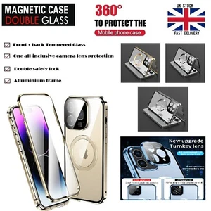 Magnetic Double Sided Tempered Glass Metal mafSafe Case For iPhone 15+ Pro Max - Picture 1 of 14