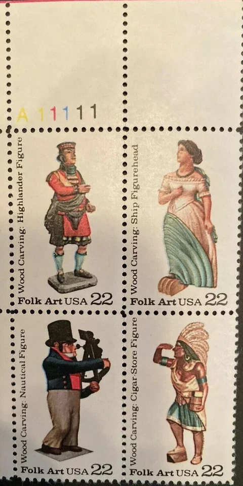 US Folk Art Wood Carved Figurines 22c Stamp Plate Block of 4 Scott #2240-2243 - Image 1 of 1
