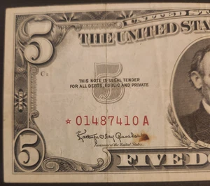 1963 $5 Red Seal Star Note - Picture 1 of 8