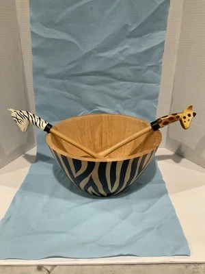 Tigela de salada vintage 2001 arte argila madeira zebra girafa com utensílios para servir salada - Imagem 1 de 4