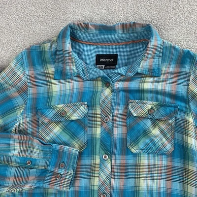Женская рубашка с длинным рукавом Marmot Evelyn средний размер синяя клетчатая туристическая на пуговицах - Изображение 1 из 4