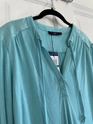 NWT Seven 7 For All Mankind Rayon Knit Tunic Aqua Sequins Henley L NOS? - Image 1 of 4