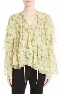 Robert Rodriguez Yellow Ruffle Floral Print Silk Blouse L46306 Size M - Picture 1 of 5