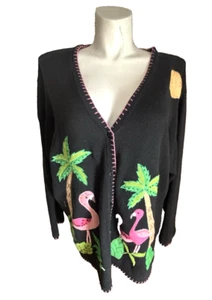 QUACKER FACTORY BLACK CARDIGAN SWEATER FLAMINGO PALM TREES TROPICAL PLUS SZ 3X - Picture 1 of 9