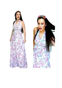 Purple Retro 60s Halter Dress Maxi skirt White Cotton Spring Summer Backless 70s - Imagen 1 de 12
