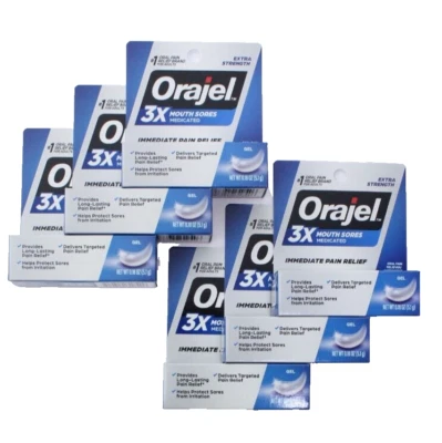 6 Pack / Orajel 3X Medicated Mouth Sore Gel Extra Strength, 0.18oz Ea EXP: 07/26 - Image 1 of 3