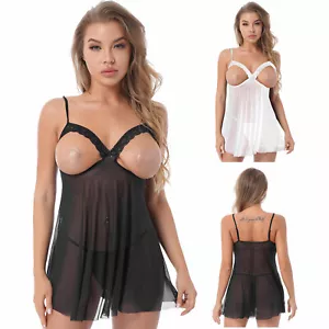 Womens Mesh Cupless Spaghetti Straps Nightdress G-string Lingerie Sets Nightwear - Picture 1 of 23