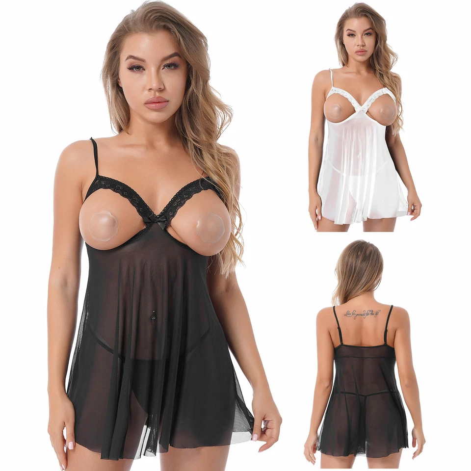 Women Sheer Mesh Lace Lingerie Set Exposed Breasts Night Dress and G-String Sexy - Image 1 of 1