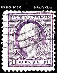 US 1908 SC 333 WASHINGTON 3¢ DEEP VIOLET P12 TYPE I USED NO GUM FINE/VERY FINE - Picture 1 of 2