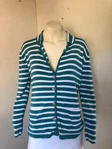 NICE!! USED!! Teal & White Striped Cardigan - From Country Casuals - Size Small - Picture 1 of 5