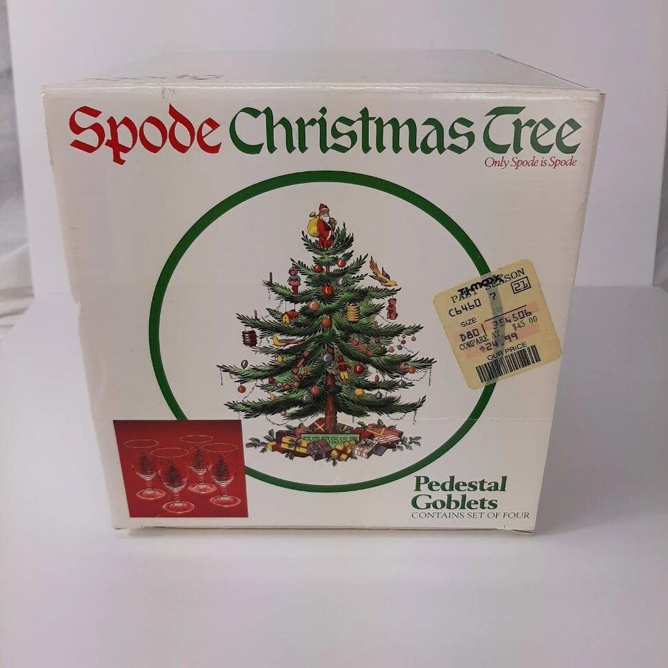 Spode Glass Christmas Tree Pedestal Water Goblets Gold Rim Set of 4 In Box VTG - Image 1 of 4