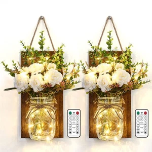 LIGHTESS Mason Jar Wall Sconce with Flower Wood Decoration LED Fairy Lights Rust - Picture 1 of 9