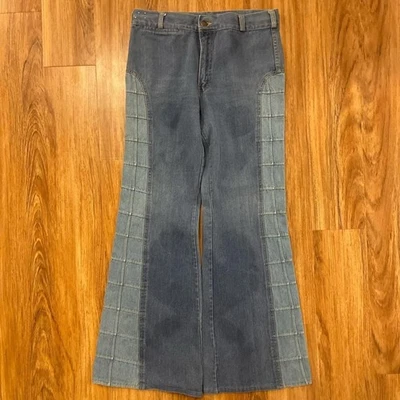  True vintage 70s Britannia Denim windowpane patchwork bell bottom jeans 16x32 - Image 1 of 4