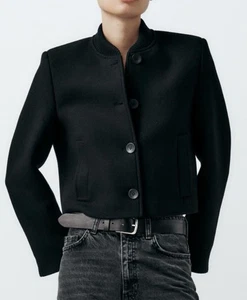 Zara Damen Bomberjacke Wolle Schwarz Crop mit Taschen Gr. S Neu mit Etikett - Bild 1 von 12