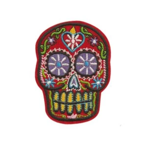 SUGAR SKULL IRON ON PATCH 3.2" Embroidered Applique Red Day of the Dead Skeleton - Picture 1 of 2