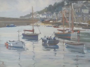 ORIGINAL MICHAEL RICHARDSON OIL "High Tide, Mousehole" Cornwall Boats PAINTING - Picture 1 of 1